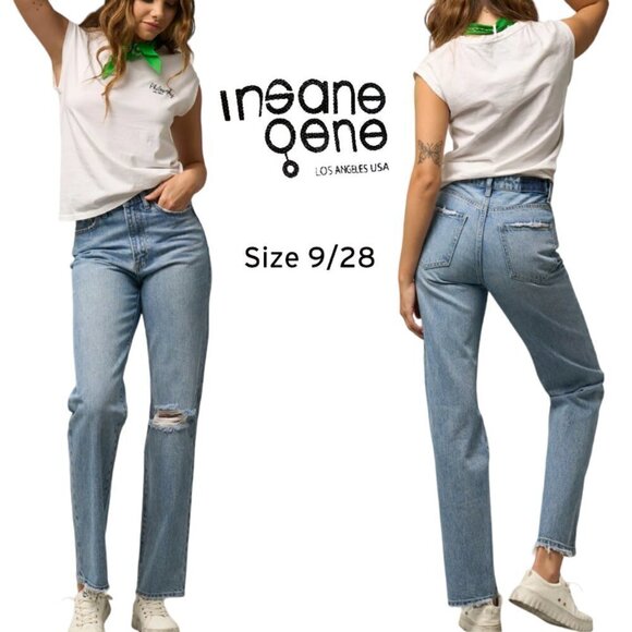 Insane Gene Ripped Straight Jeans 100% Cotton Hi Rise Light Wash 9/28 - Picture 1 of 16